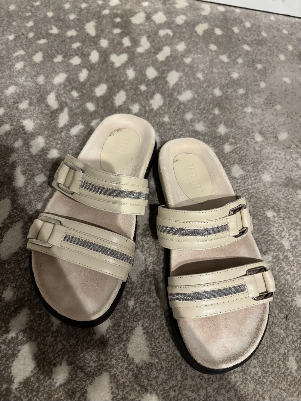 Peserico Cream Slide Sandals with Silver Trim